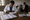 A person in a white coat writes in a notebook at a wooden table, with two people behind.